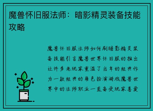 魔兽怀旧服法师：暗影精灵装备技能攻略